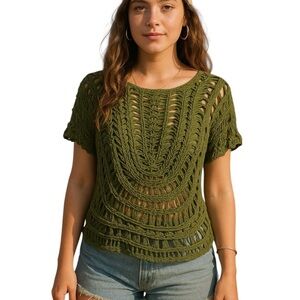 Indigo Thread Co. L/XL Green Open Weave Crochet Shirt Boho